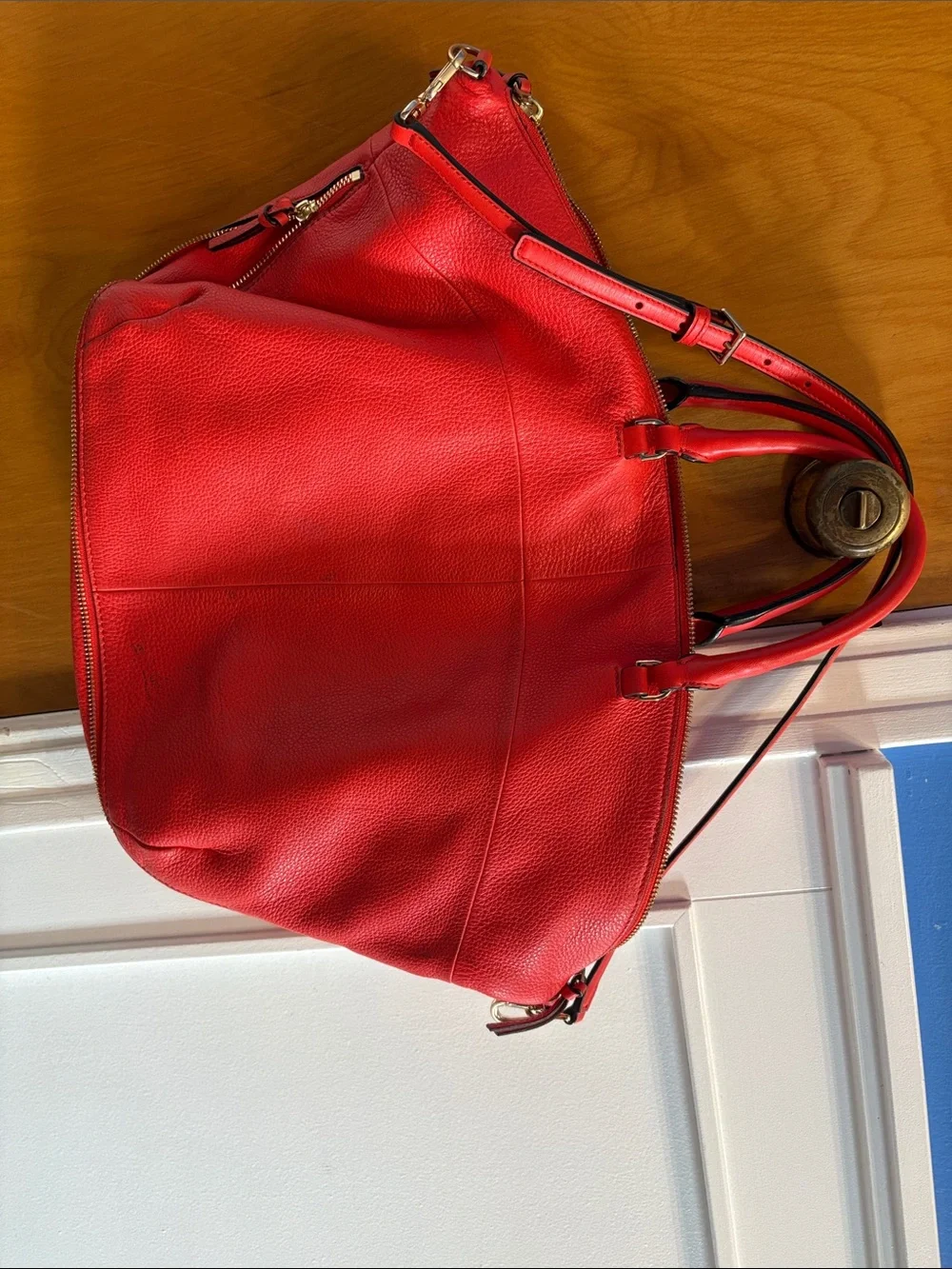 Tory Burch Red Leather Pebbled Tote with Detachable Strap
